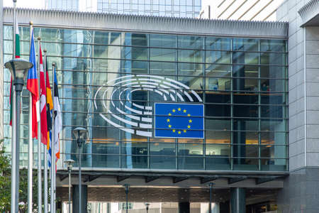 Brussels, Belgium - September 14, 2020: details of the European Parliament, seat of European democracyのeditorial素材