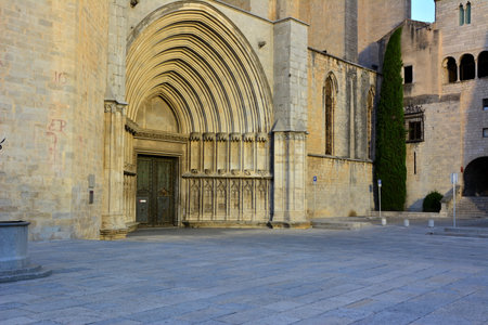 Side door of the cathedral in the city of Girona, in the northeast of Catalunyaの写真素材