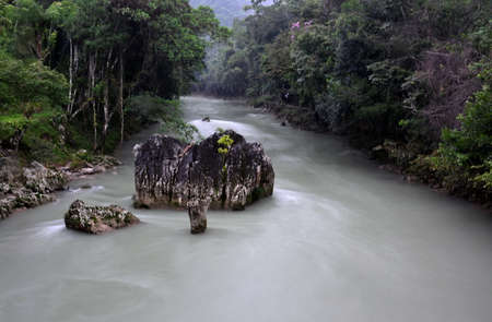 Landscapes of stepped pools of water, all turquoise in color in the CahabÃ³n River, as it passes through the Semuc Champey Park, in the jungle of central Guatemalaの写真素材