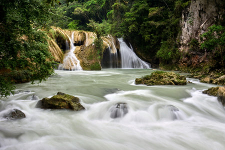 Landscapes of stepped pools of water, all turquoise in color in the CahabÃ³n River, as it passes through the Semuc Champey Park, in the jungle of central Guatemalaの写真素材