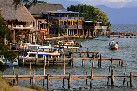 Landscapes and locations of Lake AtitlÃ¡n from the city of Panajachel, in southwestern Guatemalaのeditorial素材