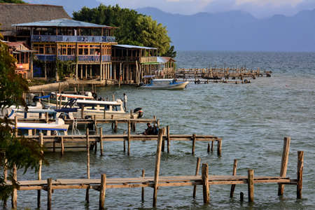 Landscapes and locations of Lake AtitlÃ¡n, from the city of San Pedro La Laguna, in southwestern Guatemalaのeditorial素材