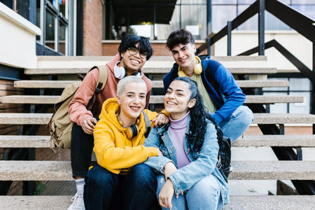 Millennial group of young students friends sitting on college campusの写真素材