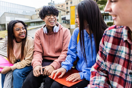 Young group of multiracial student friends enjoying break at college campusの写真素材