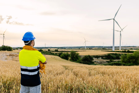 Rear view of young professional worker looking away at wind turbine farmの写真素材