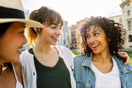 Female friendship concept with diverse young women laughing together at cityの写真素材