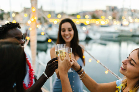 Happy millennial young friends celebrate together outdoorsの写真素材