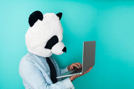 Happy man in panda mask using a laptopの写真素材