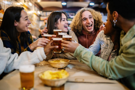 Young group of diverse best friends toasting beer in a barの写真素材