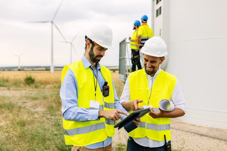 Professional group of engineer people working at wind turbine farm