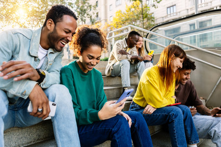 Group of multiracial young people using mobile phone devices sitting outdoors