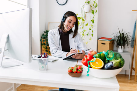 Young female nutritionist doctor consulting patient through desktop video callの写真素材