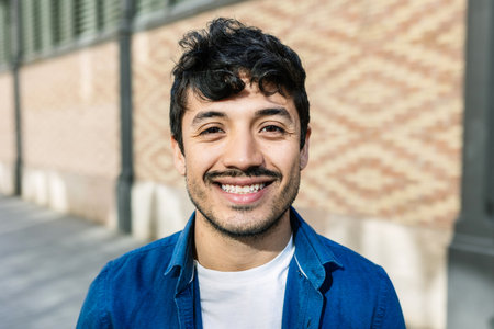Portrait of young adult latin hispanic man looking at camera standing at cityの写真素材