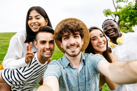 Young group of multiracial friends taking selfie together outdoors