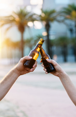 Two young people celebrating with beersの写真素材