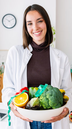 Portrait of young nutritionist woman holding a bowl of fruits and vegetablesの写真素材