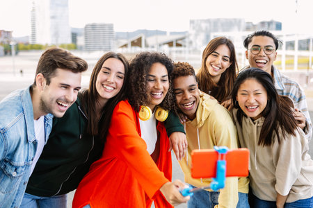 Happy young group of multiracial friends taking self portrait with selfie stickの写真素材