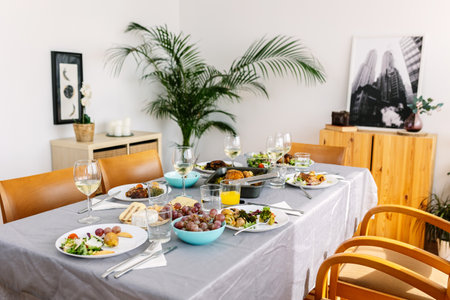 Dining table ready for lunch, no peopleの写真素材