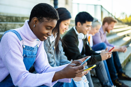 Smiling young people looking at cellphone in city street
