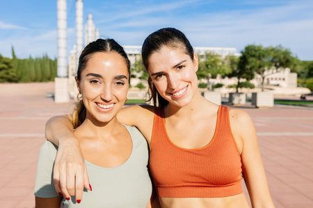 Two young athletic women smiling at camera after workout routine outdoorの写真素材