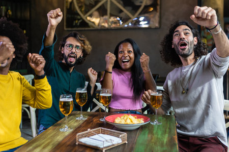 Diverse group of young adult friends watching football on TV in sport barの写真素材