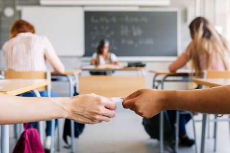 High school student giving cheat sheet to classmate during examination in classの写真素材