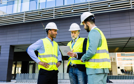 Construction site manager using tablet while having a discussion with colleagues