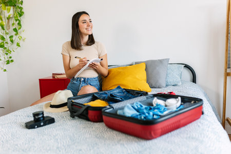 Young beautiful woman sitting on bed packing her suitcase for travel vacationの写真素材