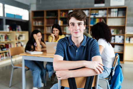 Young high school student boy smiling at camera sitting on chair at libraryの写真素材