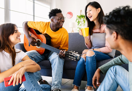 Diverse group of friends enjoying time together bonding at home.
