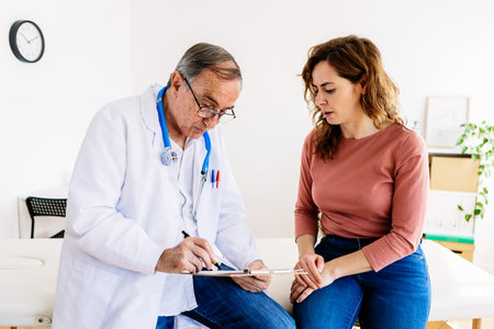 Senior doctor making notes while talking with female patient at medical roomの写真素材