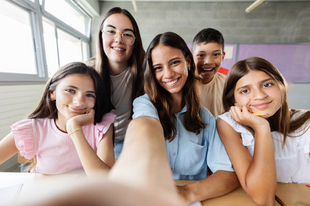Small group of primary school children taking selfie portrait in classroomの写真素材