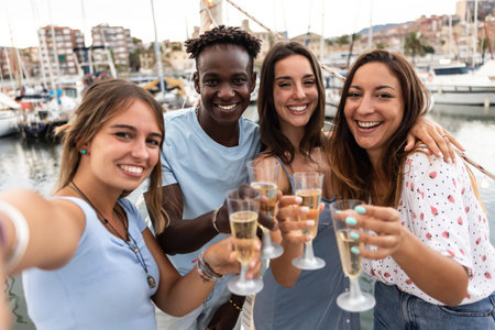 Group of multiracial people having fun together drinking champagne on boatの写真素材