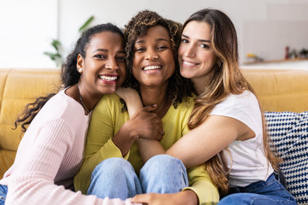 Three united beautiful smiling women sitting together on couchの写真素材
