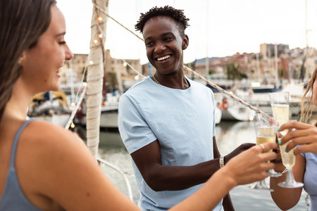 Happy young friends celebrating together on boat in summer vacationの写真素材