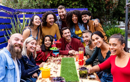 United international group of young student friends having fun drinking togetherの写真素材