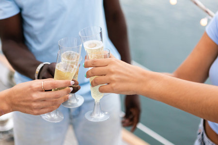 Group of multiracial friends clinking and toasting with champagne on party boatの写真素材