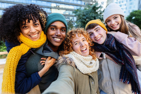 Diverse group of happy young friends taking selfie photo together outside