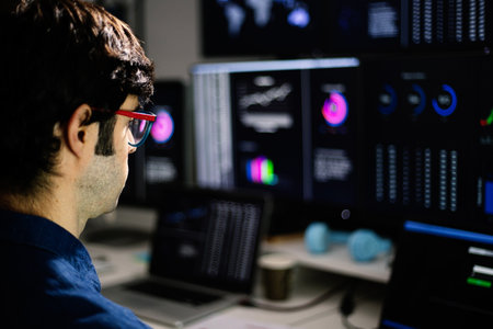 Stock trader analyzing charts on multiple computer screens in office at nightの写真素材