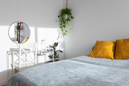 Modern and minimalist bedroom decor featuring plants and deskの写真素材
