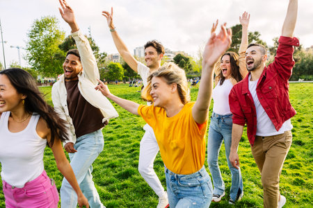 Group of young friends having fun running together outdoorsの写真素材