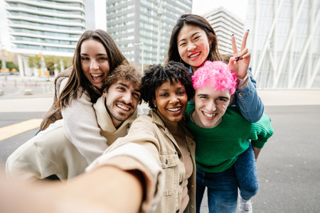 Young group of diverse friends taking selfie portrait together at city streetの写真素材