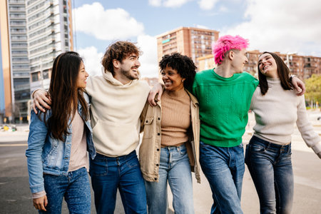 Young group of diverse happy millennial people having fun together at cityの写真素材