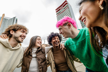 Multiracial young group of friends laughing outsideの写真素材