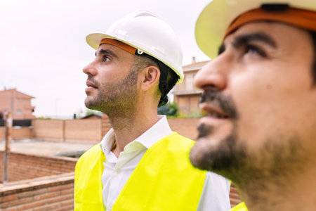 Young team of engineer architect inspect construction building siteの写真素材