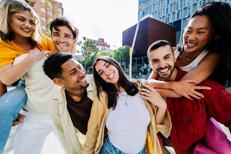 Diverse group of young friends having fun together outdoors in summer