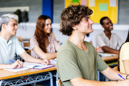Diverse young students listening to teacher in classroom at high schoolの写真素材