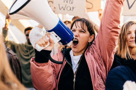 Diverse group of activists people protesting against war and violence.