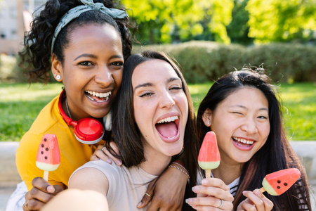 Three happy female friends taking a selfie while eating ice cream in summerの写真素材