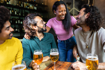 Group of young happy people drinking beer and talking in a pubの写真素材